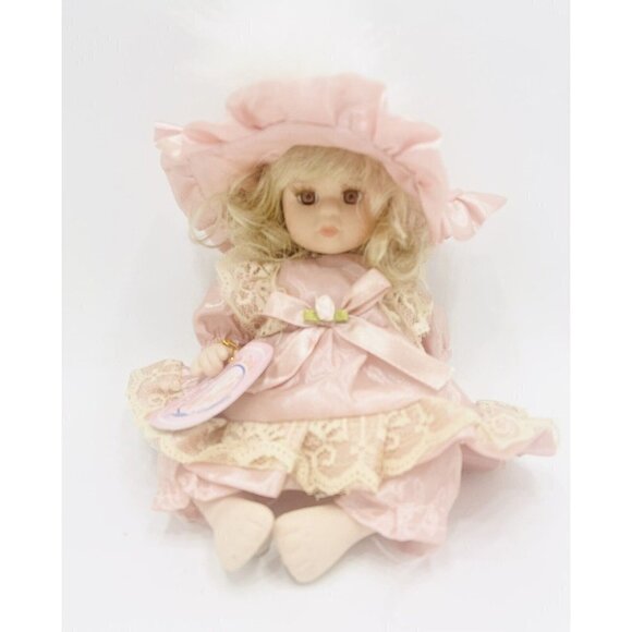 Menie Porcelain Doll 8” Blonde Brown Eyes Satin Pink Dress Lace Hat Dusty Rose - Picture 1 of 8